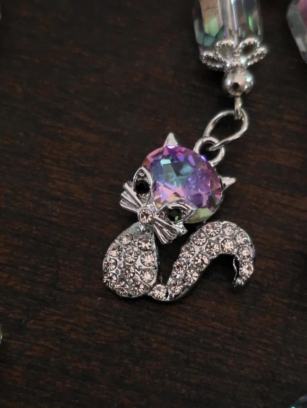 Iridescent Purple-Blue Beaded Phone Charm with Crystal Cat Accent
